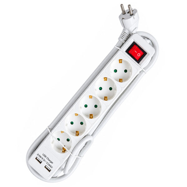Produžna priključnica 5 utičnica + 2 USB, 1,5 m kabela + prekidač