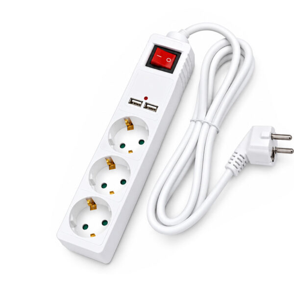 Produžni kabel 3 utičnice + 2 USB, 1,5 m kabel + prekidač