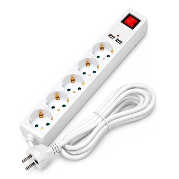 Produžna priključnica 5 utičnica + 2 USB, 1,5 m kabela + prekidač