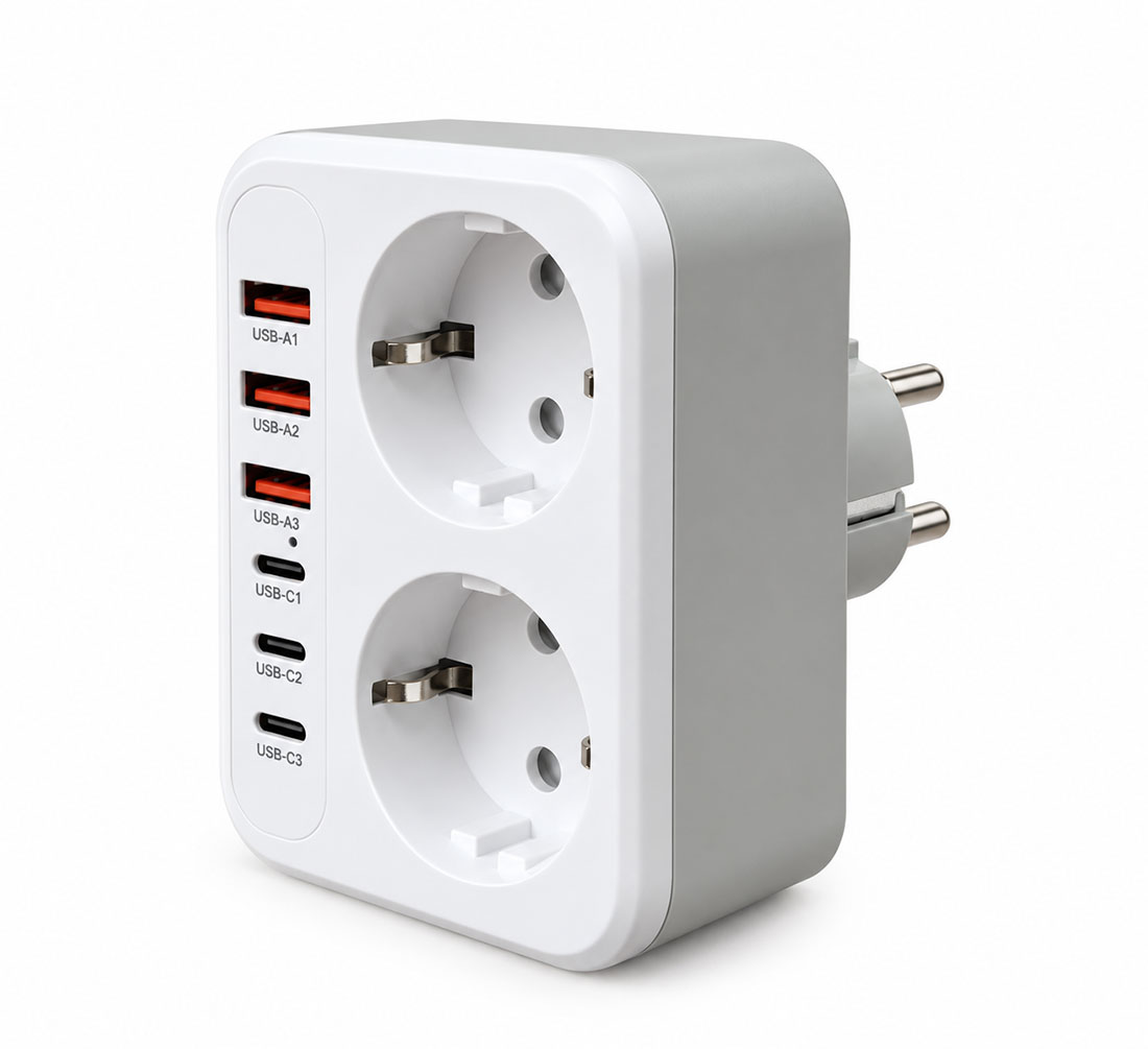 UN18499 Utikač šuko razdjelnik 2 x Schuko, 3 x C + 3 x A USB