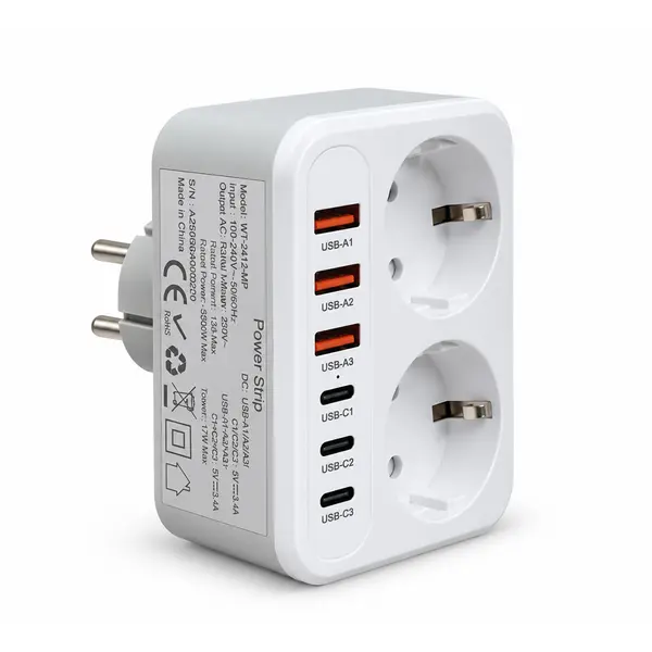 UN18499 Utikač šuko razdjelnik 2 x Schuko, 3 x C + 3 x A USB