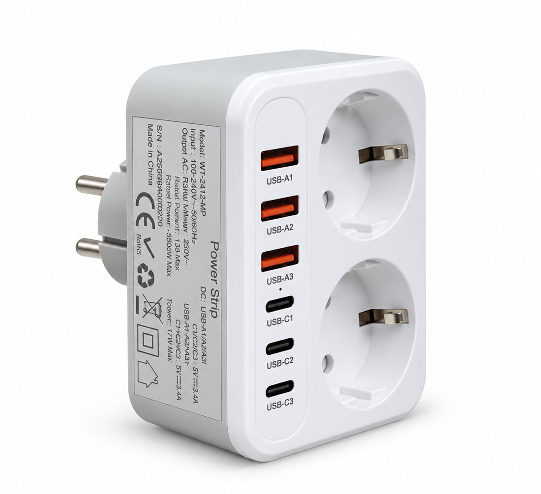 UN18499 Utikač šuko razdjelnik 2 x Schuko, 3 x C + 3 x A USB